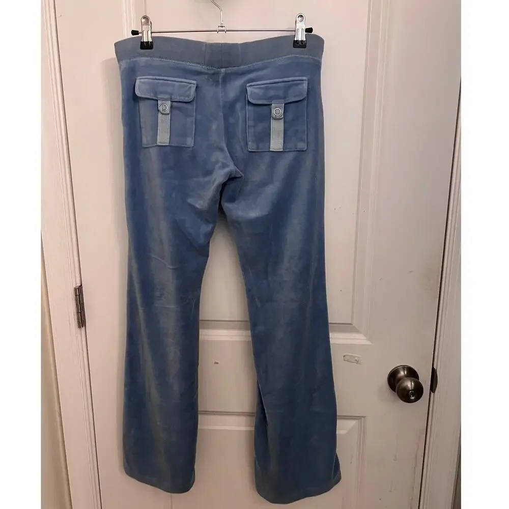 Vtg Y2K Juicy Couture Low Rise Blue Velour Flared Track Pants S Snap Pocket